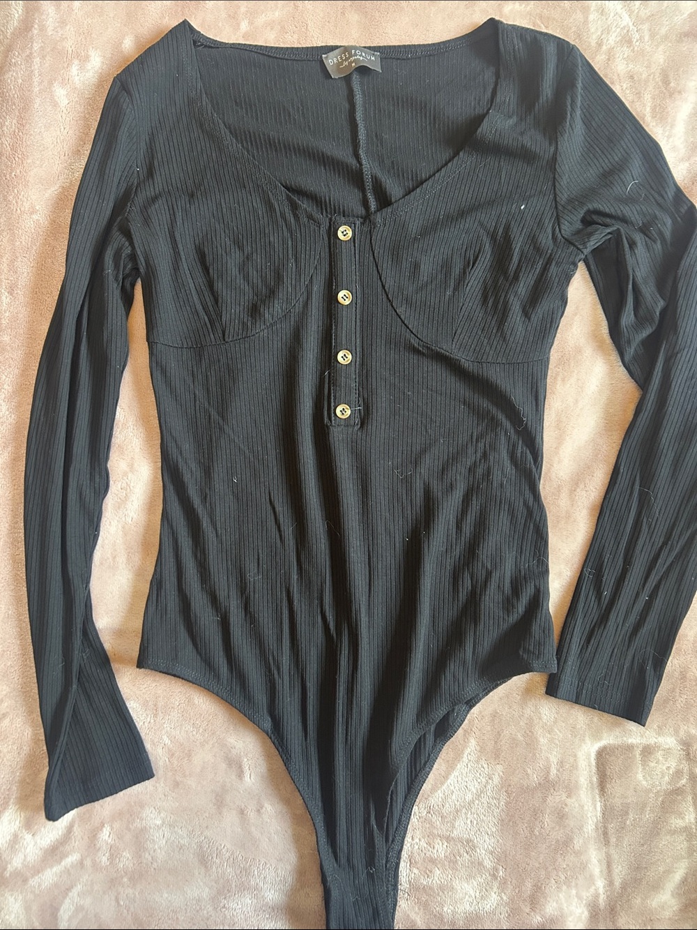 Dress Forum Black Ribbed Long-Sleeve Bodysuit with Button Front